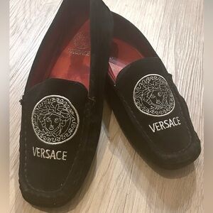 Authentic Black Suede Stitched Versace Medusa Loafers